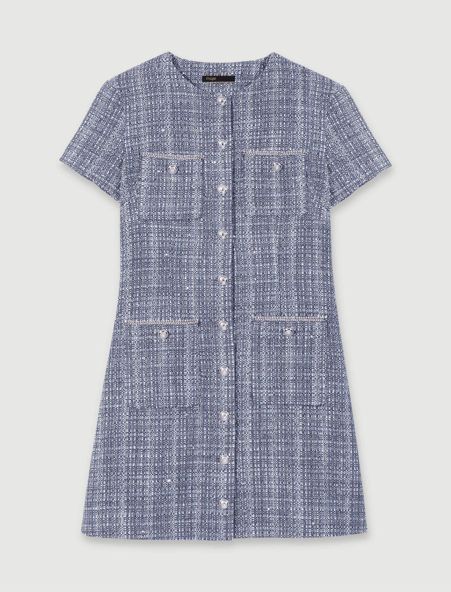 Đầm ngắn tweed cổ tròn cài khuy đá